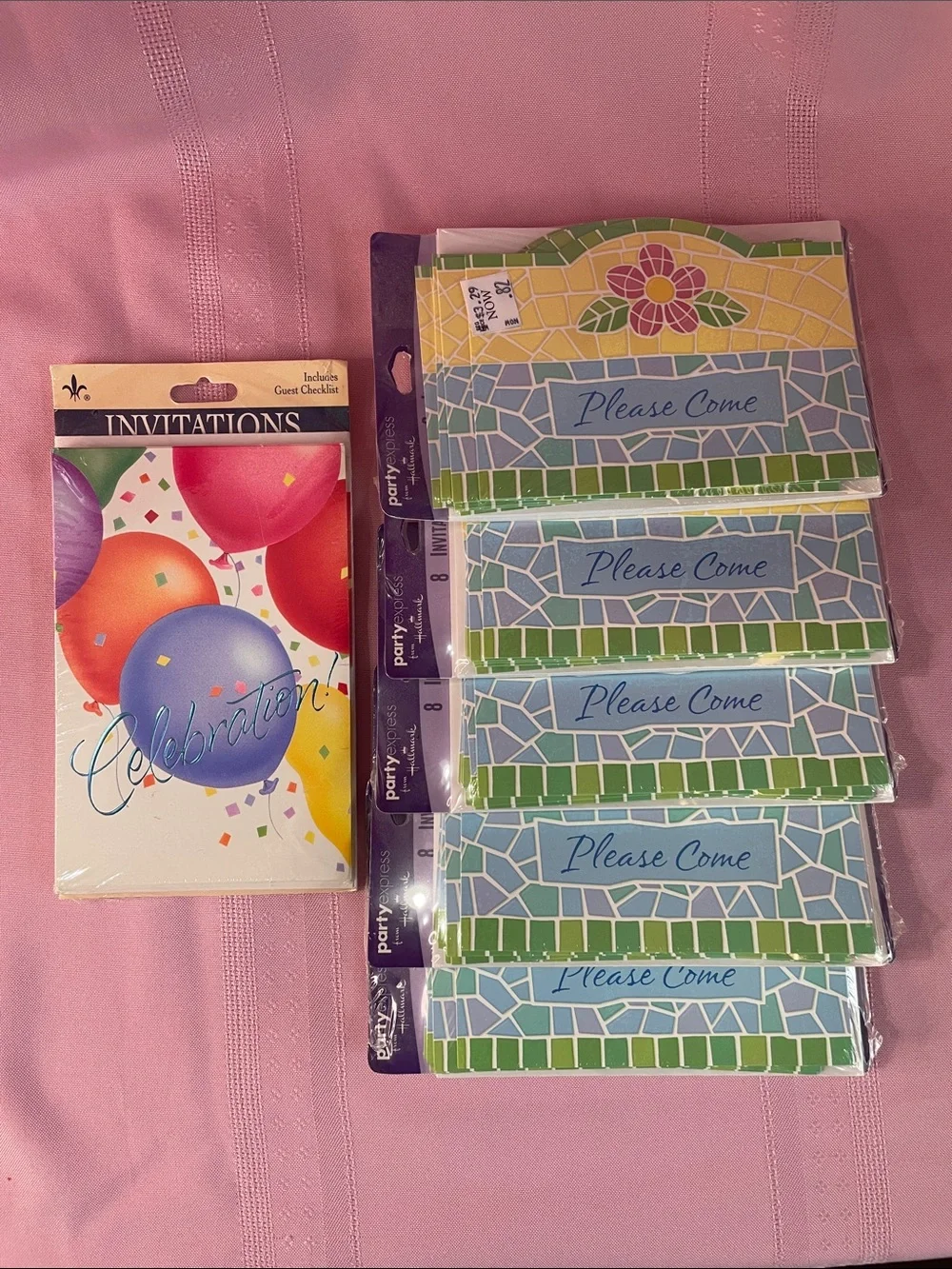 Hallmark Celebration Invitations and Blue-Green 'Please Come' RSVP Cards
